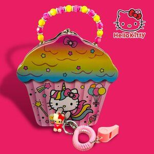 Hello Kitty Unicorn Cupcake Purse Lunch Tin Box & Beaded Handle. Bonus Keychain!